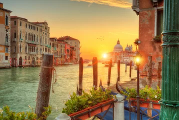 Fotobehang Beautiful sunrise in Grand canal with Church of Santa Maria, Venice © Jag_cz
