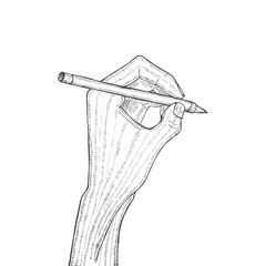 Hand Holding Pen in Hand Drawn Style. Vector Illustration 