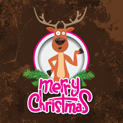 Christmas reindeer pointing at something in a circle. Merry christmas calligraphy. Old paper and Grunge effect with carving style Vector.