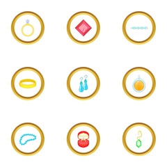 Jewelry collection icons set, cartoon style