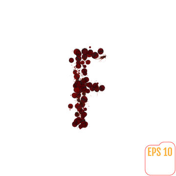 Blood Alphabet, various blood or paint splatters, different blood splashes, drops and trail. Letter "f" on white background.