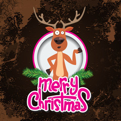 Christmas reindeer pointing at something in a circle. Merry christmas calligraphy. Old paper and Grunge effect with carving style Vector.