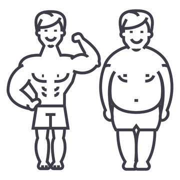 Fitness,before And After,strong Man,fat Guy Vector Line Icon, Sign, Illustration On White Background, Editable Strokes