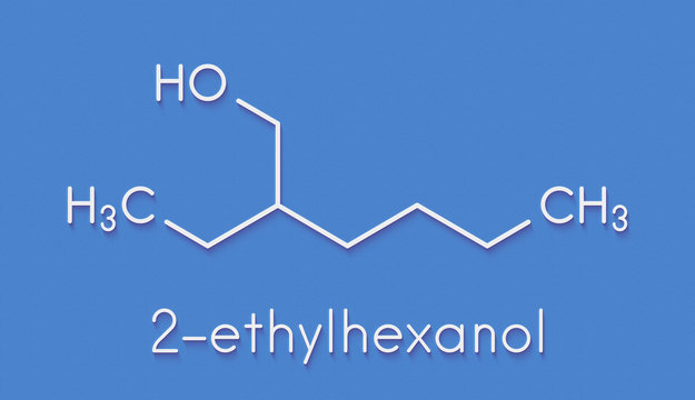 2-ethylhexanol (2-EH) molecule. Used as solvent, fragrance component and chemical precursor. Skeletal formula.