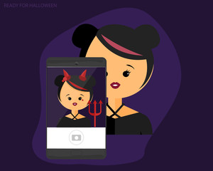 girl taking photo with halloween camera filter