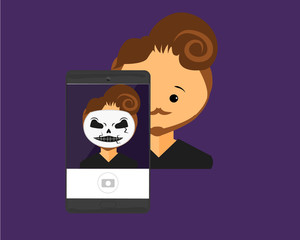 guy taking photo with halloween filter camera