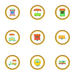 Cafe on wheels icons set, cartoon style