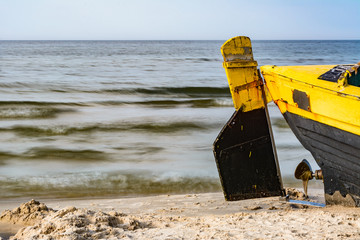 Control of the fishing boat on the background of fuzzy sea waves.