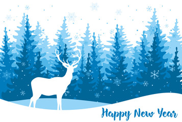 Naklejka premium Vector illustration for greeting card with white deer on christmas trees background in flat style. Happy New Year text.