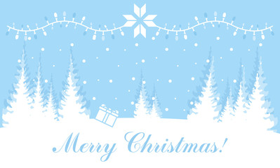 Fototapeta na wymiar Vector illustration of winter landscape with a christmas trees and lights in white and blue colors in flat design. Merry Christmas.