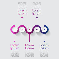 Illustration of colorful Infographic timeline process chart template with text on grey background. Five step abstract graph. Workflow and flowchart diagram for print, web design and presentation.