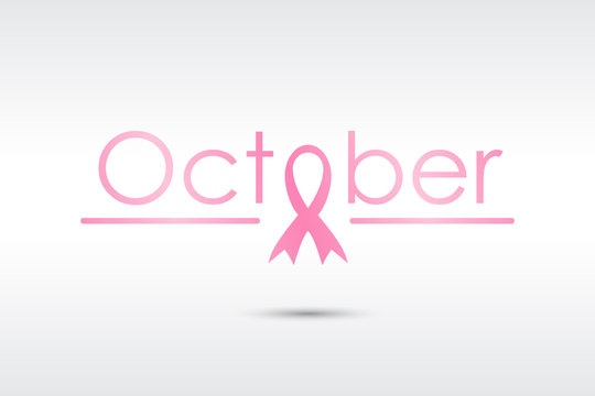 Breast cancer awareness illustration with october text and pink ribbon with shadow.