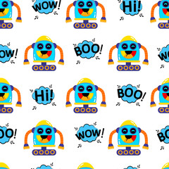 A cute, small, friendly green robot, with an antenna and wheels, good vintage eyes and comic-style inscriptions. Abstract seamless pattern for girls or boys. Creative vector background.