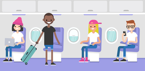 Airplane interior. Passengers boarding on a plane. Flight in the economy class. Flat editable vector illustration, clip art