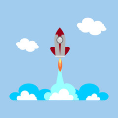 Vector flat illustration of rocket in clouds