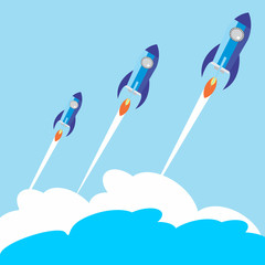 Vector flat illustration of rocket in clouds. Business concept of start-up.