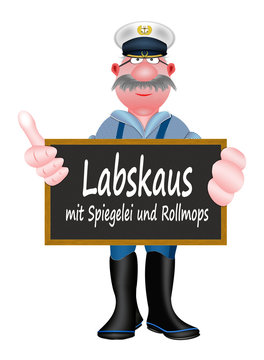 Labskaus mit Spiegelei und Rollmops, Seemann mit Schild, wei&szlig;er Hintergrund, freigestellt