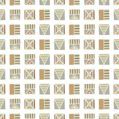 Seamless vector pattern. Geometrical background with hand drawn decorative tribal elements in vintage brown pastel colors. Print with ethnic, folk, traditional motifs. Graphic vector illustration.