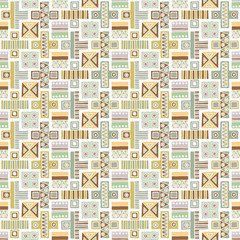 Obraz premium Seamless vector pattern. Geometrical background with hand drawn decorative tribal elements in vintage brown pastel colors. Print with ethnic, folk, traditional motifs. Graphic vector illustration.