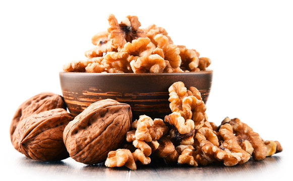 Bowl With Persian Walnut Isolated On White Background