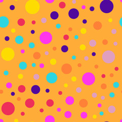 Memphis style polka dots seamless pattern on orange background. Glamorous modern memphis polka dots creative pattern. Bright scattered confetti fall chaotic decor. Vector illustration.
