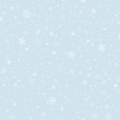 Naklejka na ściany i meble Magic snowflakes seamless pattern on light blue Christmas background. Chaotic scattered magic snowflakes. Sightly Christmas creative pattern. Vector illustration.