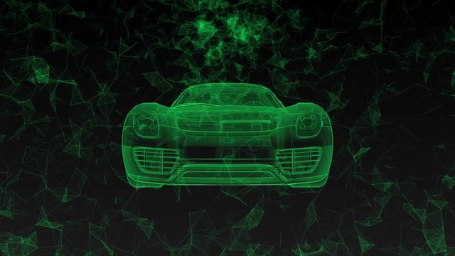 The conceptual sports car in the form of translucent hologram rotating in space with flying around polygons.