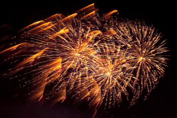 Many beautiful Golden fireworks exploding in the night sky