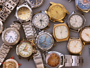 old Soviet wrist watches are sold on the flea market