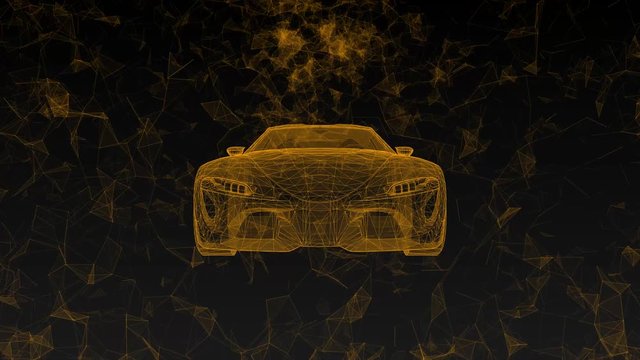 The conceptual sports car in the form of translucent hologram rotating in space with flying around polygons.