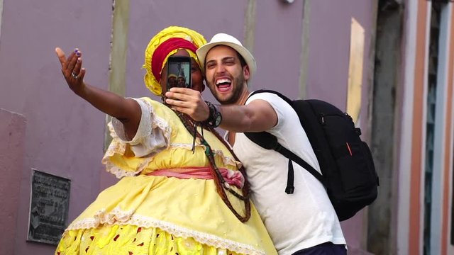 Taking a Selfie with Brazilian Woman - "Baiana" in Pelourinho, Bahia
