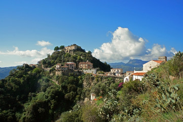 Fototapeta na wymiar Landscape with Godfather's (Corleone) village and surrounding hills - Savoca in Italy