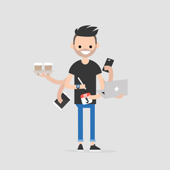 Intern, conceptual illustration. Multitasking millennial concept. Young character with six hands doing a lot of tasks at the same time  / flat editable vector illustration