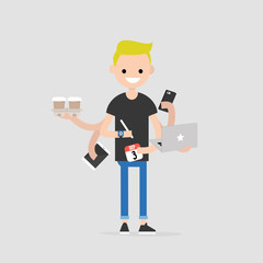 Intern, conceptual illustration. Multitasking millennial concept. Young character with six hands doing a lot of tasks at the same time  / flat editable vector illustration