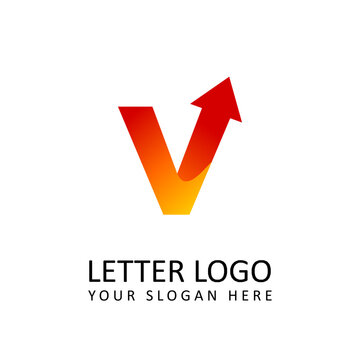 letter V logo template orange round ribbon with arrow head