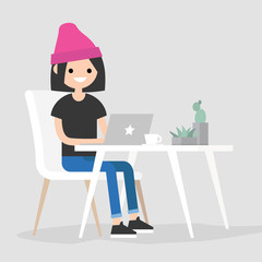 Working space. Young female character typing on a laptop / flat editable vector illustration, clip art