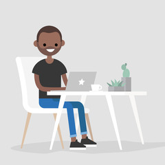 Fototapeta na wymiar Working space. Young black character typing on a laptop / flat editable vector illustration, clip art