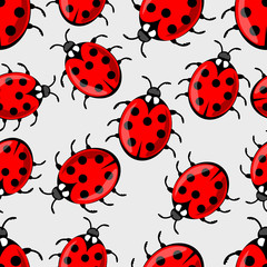 Cute ladybug on white background. Vector ladybird seamless background with cute red beetles with seven dots on his wing case. Beautiful textile design.