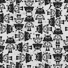 A cute, small, friendly blue with a red robot, with antennas and wires, kind vintage eyes and comic style inscriptions. Abstract seamless pattern for girls or boys. Creative vector print