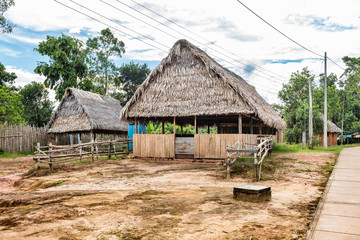 Fototapeta na wymiar Thatch roof hut with wooden fences in Amazon village