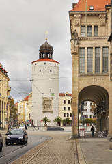 Fototapeta premium Fat tower (Frauenturm - Dicker Turm) on Marienplatz in Gorlitz. Germany