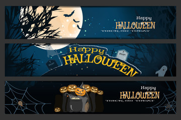 Vector set of Halloween bookmarks with silhouettes of trees, full moon, bats, headstones, grave crosses, ghosts, group of wizards, magic cauldron, spider net on the gradient dark blue background.