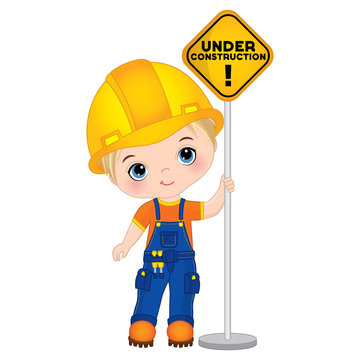 Vector Cute Little Boy Holding the Sign - Under Construction. Vector Little Builder