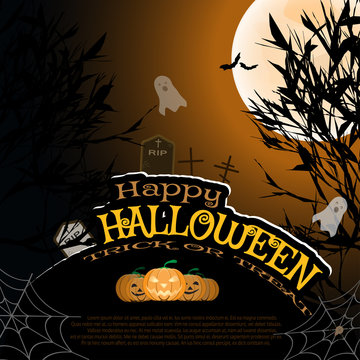 Vector poster for Halloween with full moon, silhouettes of trees, full moon, flying ghosts, flock of bats, headstones, grave crosses, group of pumpkins on the gradient dark brown background.