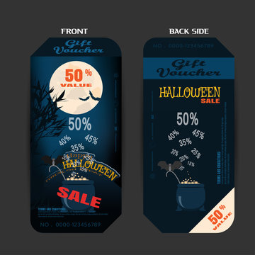 Vector blank of gift voucher to Halloween sale on the gradient blue background with magic cauldron.