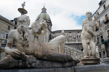 Detail of the monumental Pretorian Fountain (Fontana Pretoria, Fountain of Shame) next to the Church of Saint Catherine in Palermo, Sicily, Italy