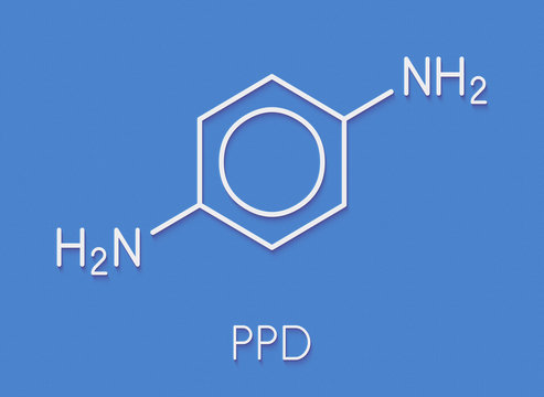 p-Phenylenediamine (PPD) hair dye molecule. Also precursor in polymer synthesis. Known contact allergen, possibly carcinogenic. Skeletal formula.