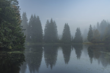 Morning fog near Bahnak ponds in Kladska village