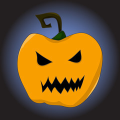 image of an orange pumpkin with a terrible mug in a cartoon style. illustration on a theme of halloween. vector illustration. hand drawing