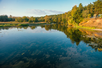 Fototapeta premium Nature of Europe. River bank with trees in autumn sunset.